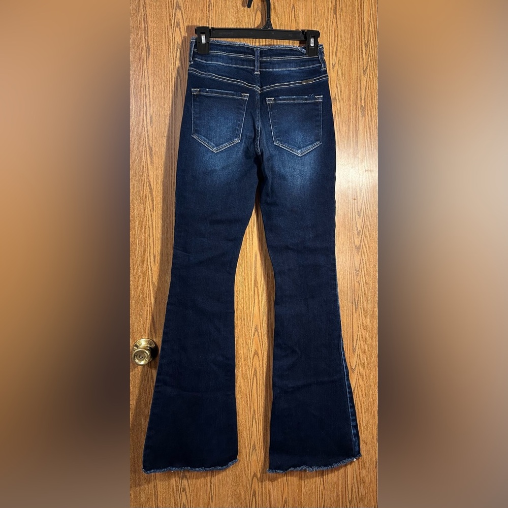 Kancan High Rise Raw Hemmed Flare Leg Distressed Denim Jeans - Picture 7 of 7